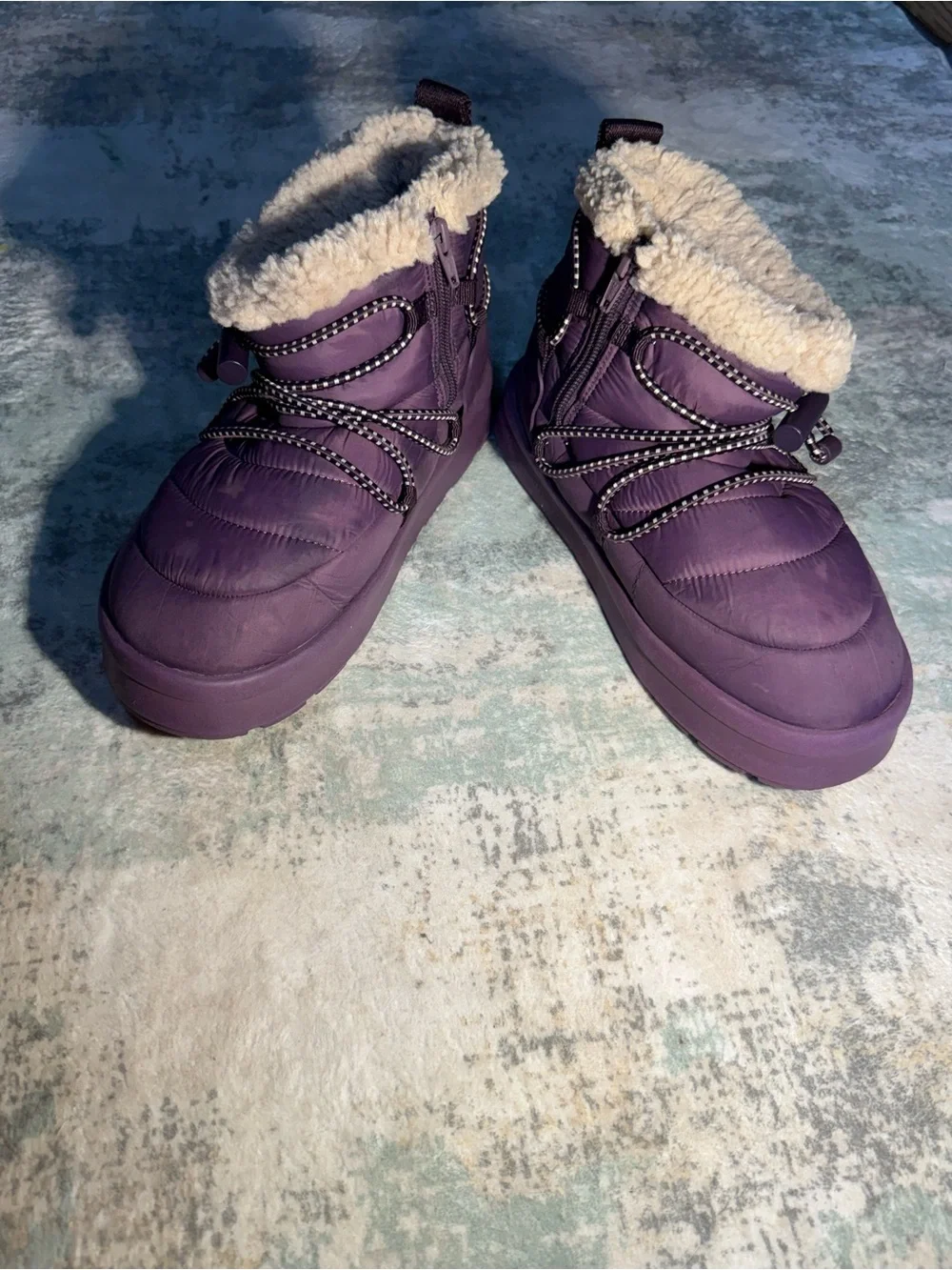 Zara My Winter Boot Women 37 US 6.5 Purple Puffer Sherpa Ankle Boots
